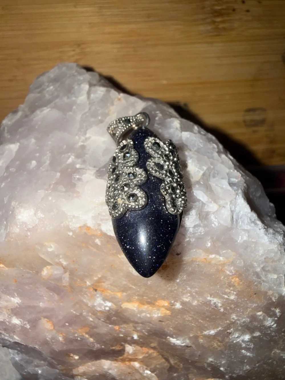 Vintage Sterling Silver Marcasite Blue Goldstone Pendant